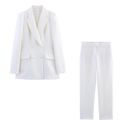 HH Women New Fashion Blazer Suit Lapel Double-Breasted Pocket Casual Coat+Chic High Waist Loose Zipper Slim Long Pants Suit