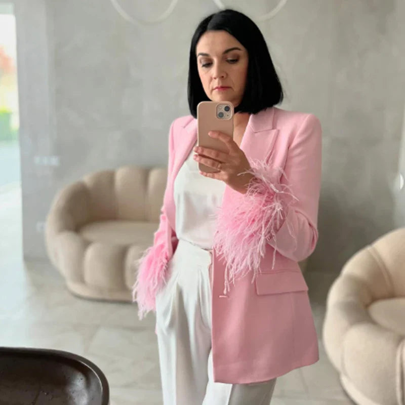 HXAO Feather Blazer And Pants Sets Women's Two Pieces Set Formal Pink Suit Woman Office Wear 2 Piece Sets Ladies Blazer Sets