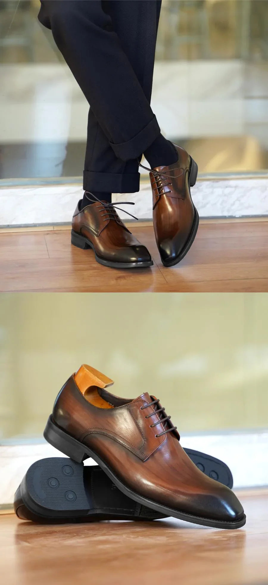 Men's Business Casual Shoes Distressed Wood Grain Square Toe Leather Derby Comfortable Office Wear Formal Dress Shoes Footwear