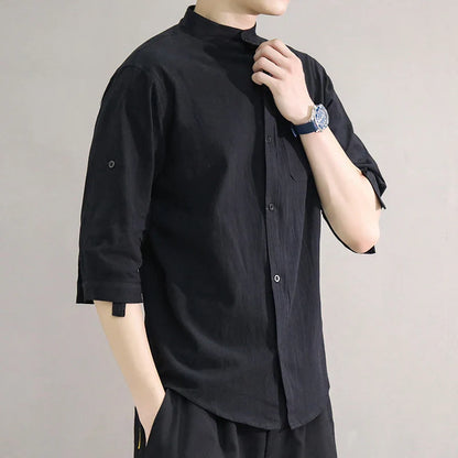 Spring and Summer Stand Collar Five-point Mid-sleeve Fashionable Men's Short-sleeved Shirt Seven-point Sleeve Large Size Men's