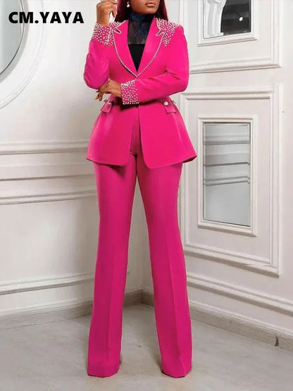CM.YAYA Fashion Pearl Splicing Women's Set Long Sleeve Blazer and Wide Leg Pants Suit 2024 Winter OL Fall Two 2 Piece Set Outfit