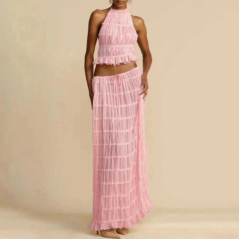 Beach Dresses Women 2024 Skirt Set Sleeveless Backless Cropped Halter Tops Drawstring Long Skirts Elegant Fashion 2 Piece Sets