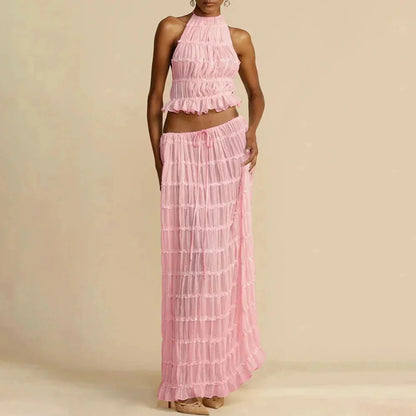 Beach Dresses Women 2024 Skirt Set Sleeveless Backless Cropped Halter Tops Drawstring Long Skirts Elegant Fashion 2 Piece Sets