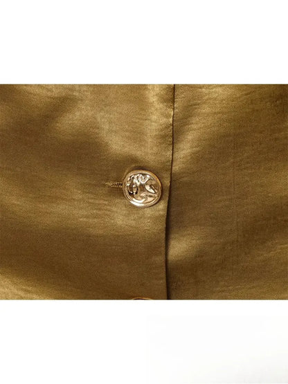 KONDALA Casual Chic Yellow Satin Women Suits V Neck Buttons Vest High Waist Wide Leg Pants Fashion 2025 Summer Holiday Suits