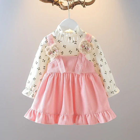 Fake Two Pieces Dress Corduroy Cartoon Bear Cherry Print Splicing Dresses Girls Princess Birthday Gift Kid Spring Autumn Clothes