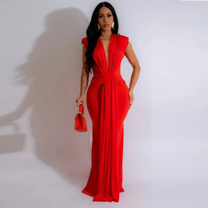 Elegant Bodycon Dresses for Women Sexy Deep V Neck Sleeveless Maxi Dress Mermaid Guest Evening Party Cocktail Long Dress Gown