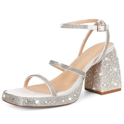 GIGIFOX Shiny Crystals Women Sandals Platform Chunky High Heel Ankle Strap Buckle Strap Shoes Sexy Elegant Dress Party Sandals