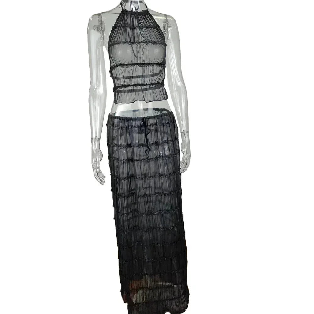 Beach Dresses Women 2024 Skirt Set Sleeveless Backless Cropped Halter Tops Drawstring Long Skirts Elegant Fashion 2 Piece Sets