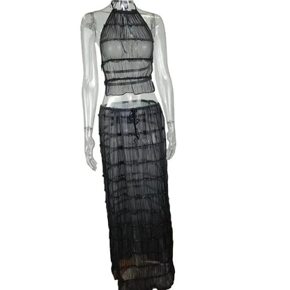 Beach Dresses Women 2024 Skirt Set Sleeveless Backless Cropped Halter Tops Drawstring Long Skirts Elegant Fashion 2 Piece Sets
