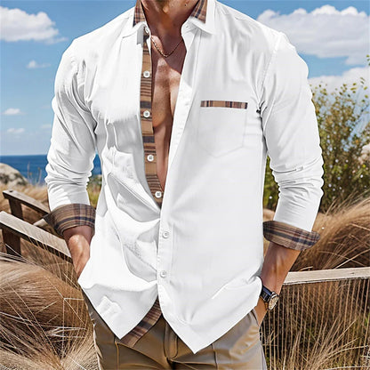 Men's button up shirt, black and white solid color, long sleeved striped cuffs, lapel collar, daily vacation pocket, fashionable