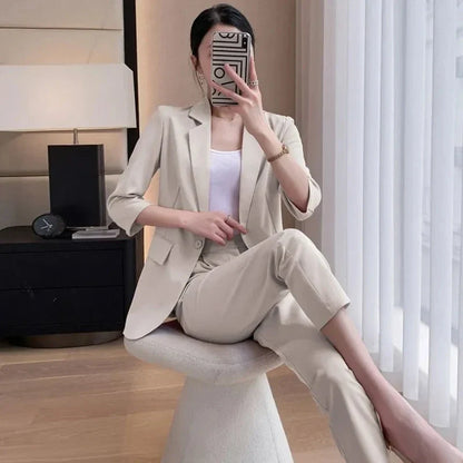 Korean Office Lady Summer Work Thin Solid Slim Blazers Pants Two Piece Set Women's Proffession Uniform Coat Trousers Outfits