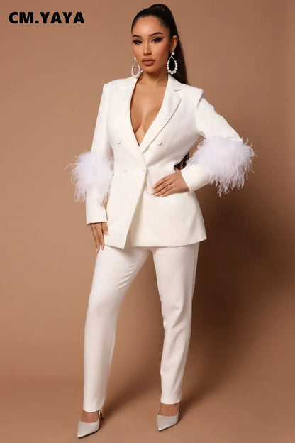 CM.YAYA Vintage Women Fur Hem Long Sleeve Blazer Suit and Pants 2023 Chic OL Fashion Two 2 Piece Set Outfits Basic Tracksuit