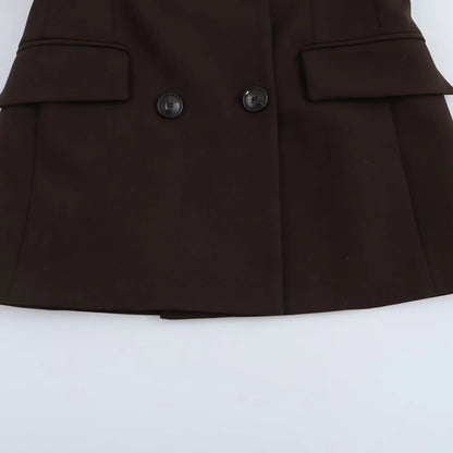 HH Women New Fashion Blazer Suit Lapel Double-Breasted Pocket Casual Coat+Chic High Waist Loose Zipper Slim Long Pants Suit