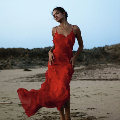 New 2026 Women's Ruffles Chiffon Maxi Dress Backlesss Split Sexy Porm Dress Red Long Summer Wedding Party Dress Elegant Vestidos