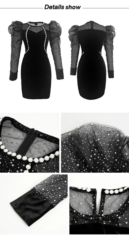 Spring Women Mini Dress French Court Retro Black Mesh Patcchwork Appliques Flower Puff Long Sleeve Bag Hip Vestidos Para Mujer