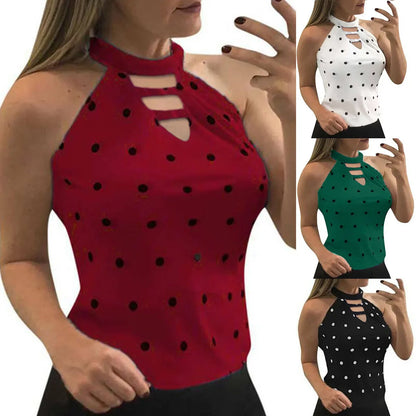 Summer T Shirt Women 2023 New Wave Point Printed Spot Female Neck Halter Sleeveless Female Tee Tshirts Dropshipping AYJ046