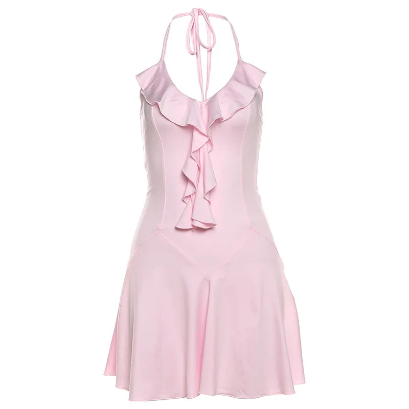 Nibber Halter Ruffles V-Neck Dress Women Backless Elegant Sexy Summer Fashion V-Neck Solid Birthday Party Clubwear Mini Bodycon