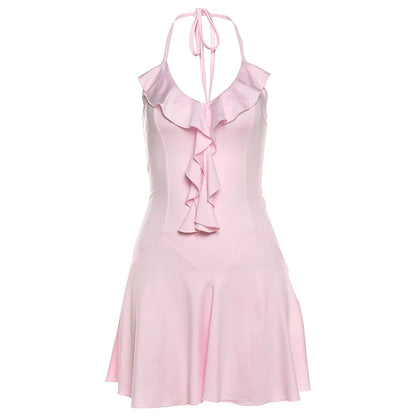 Nibber Halter Ruffles V-Neck Dress Women Backless Elegant Sexy Summer Fashion V-Neck Solid Birthday Party Clubwear Mini Bodycon