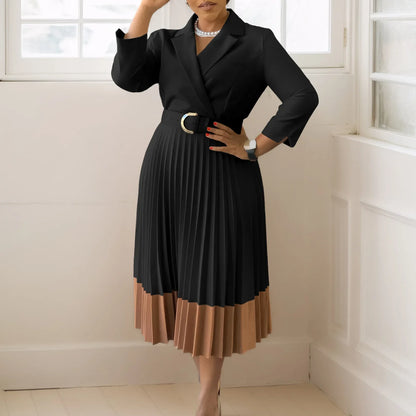 CM.YAYA Fashion Full Sleeve Notched Neck Solid High Waist Belt Dress Women Autumn Office Lady Pleated Long Africa Midi Dresses
