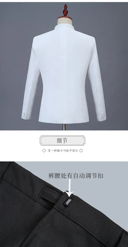 New Men Stand Collar Embroidery Suit 2 Piece Black / White / Red Fashion Male Stage Party Perform Blazer and Trousers