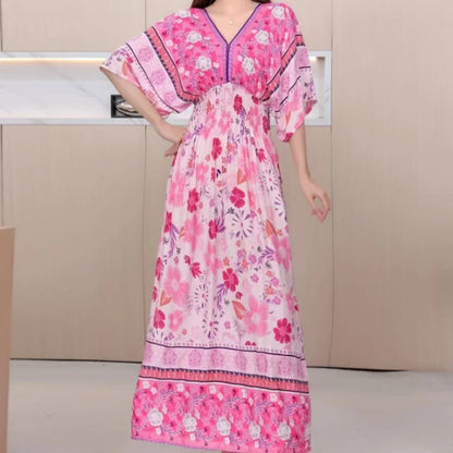 Spring New In Women's Dress V-Neck Short Sleeve Dress Elegant Sweet Print Dress Casual Retro Boho Elastic Waist A-Line Dress