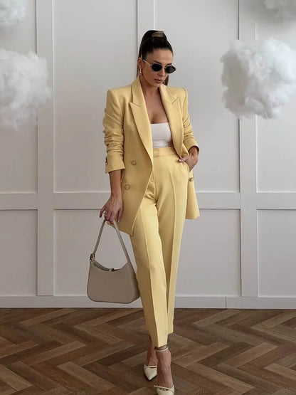 HH Women New Fashion Blazer Suit Lapel Double-Breasted Pocket Casual Coat+Chic High Waist Loose Zipper Slim Long Pants Suit