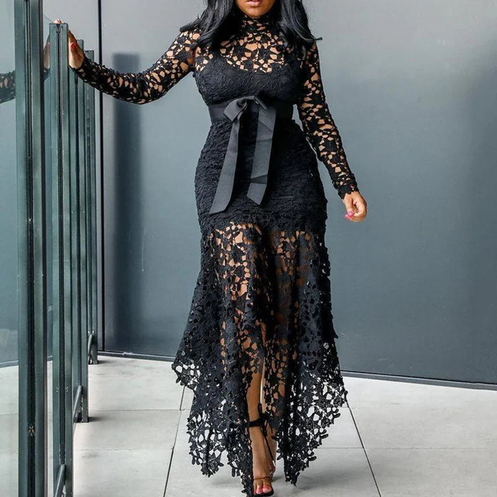 Ladies Elegant Lace Maxi Dress Women Wedding Evening Party  Bodycon Long Sleeve Dresses Plus Size Fashion