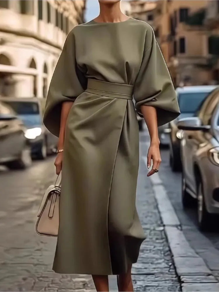 Spring Summer New Women's Fashion Style Elegant Solid Color Waist Dress Casual Bat Sleeve Long Dress Vestidos Para Mujer