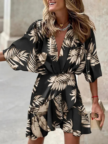 spring Irregular Mini Dress For Women Fashion Print Casual Bohemia Style Vacation Sundress Women's Bat Sleeve Ruffles Dresses