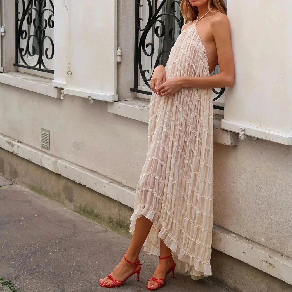 Beach Dresses Women 2024 Skirt Set Sleeveless Backless Cropped Halter Tops Drawstring Long Skirts Elegant Fashion 2 Piece Sets
