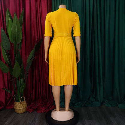 Elegant Office Pleated Dresses for Woman 2024 O Neck Buttons Belt Waisted Mid Calf Fashion Female Business Work Wear Dress Midi