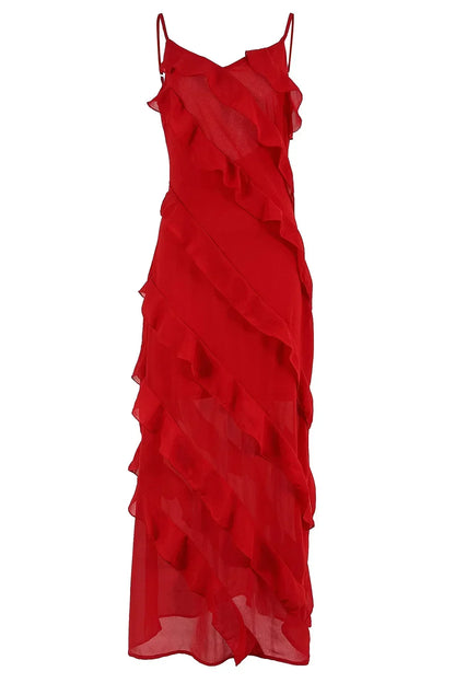 New 2026 Women's Ruffles Chiffon Maxi Dress Backlesss Split Sexy Porm Dress Red Long Summer Wedding Party Dress Elegant Vestidos