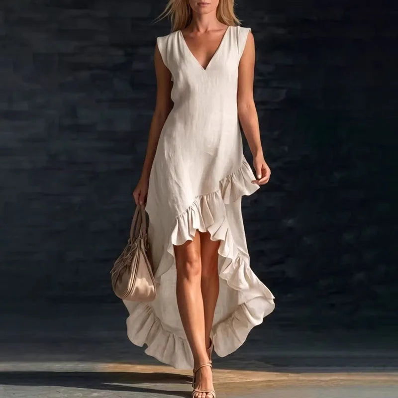 2026 Spring Sexy V Neck Solid Long Dresses Woman Elegant Ruffle Hem Irregular Party Dresses Summer Sleeveless Casual Beach Dress