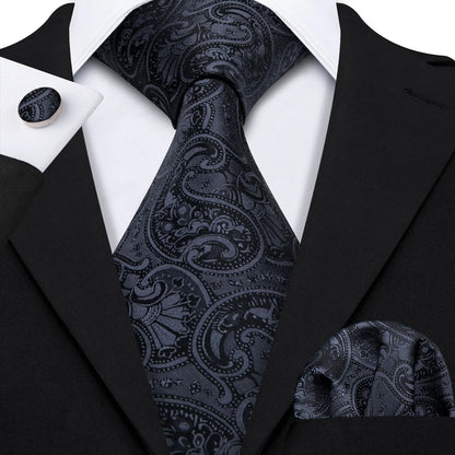 Barry.Wang Black White Gray Silver Silk Men Tie Handkerchief Cufflinks Set Jacquard Necktie for Male Wedding Business Party Gift