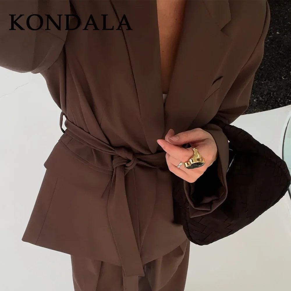 KONDALA 2026 Spring Office Lady Elegant Brown Women Suit Fashion Casual Sashes Oversized Shrug Blazer Chic Zipper Long Pant