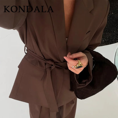 KONDALA 2026 Spring Office Lady Elegant Brown Women Suit Fashion Casual Sashes Oversized Shrug Blazer Chic Zipper Long Pant