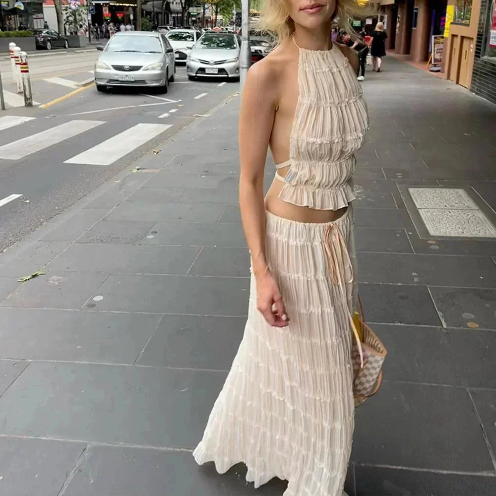 Beach Dresses Women 2024 Skirt Set Sleeveless Backless Cropped Halter Tops Drawstring Long Skirts Elegant Fashion 2 Piece Sets