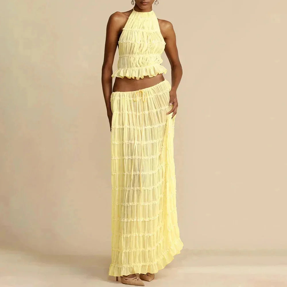 Beach Dresses Women 2024 Skirt Set Sleeveless Backless Cropped Halter Tops Drawstring Long Skirts Elegant Fashion 2 Piece Sets