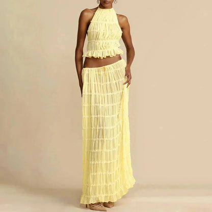 Beach Dresses Women 2024 Skirt Set Sleeveless Backless Cropped Halter Tops Drawstring Long Skirts Elegant Fashion 2 Piece Sets