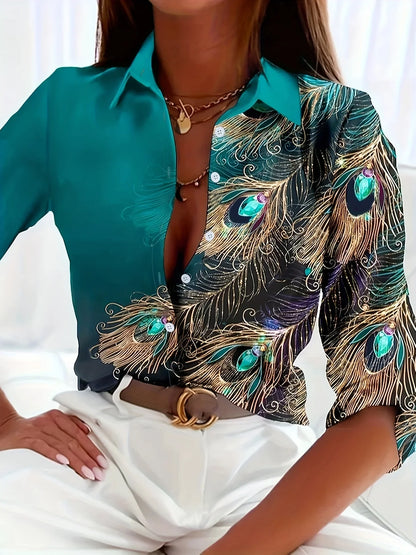 Peacock Print Casual Loose Women's Shirt 2023 Autumn Vintage Women's Oversized Shirts and Blouses Fashion Elegant Women's Tops