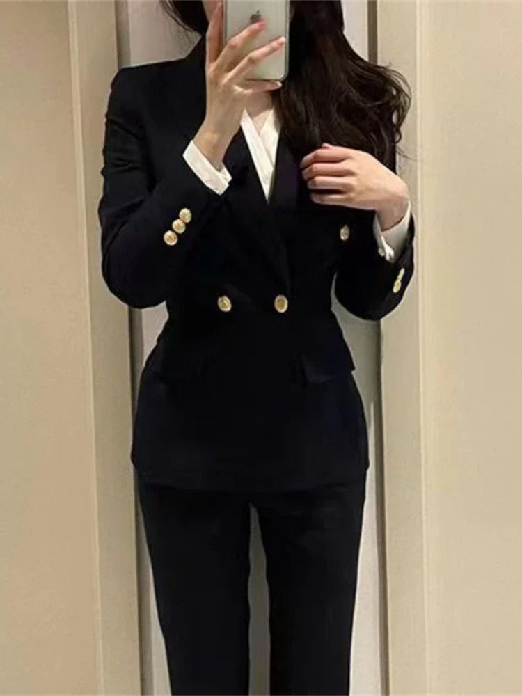 Navy Black Fashion Women Pant Suit Long Sleeve Solid Ladies Blazer and Trouser Formal 2 Piece Set For Autumn Winter