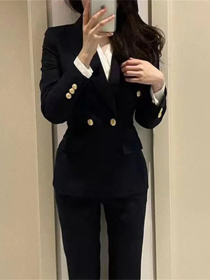 Navy Black Fashion Women Pant Suit Long Sleeve Solid Ladies Blazer and Trouser Formal 2 Piece Set For Autumn Winter