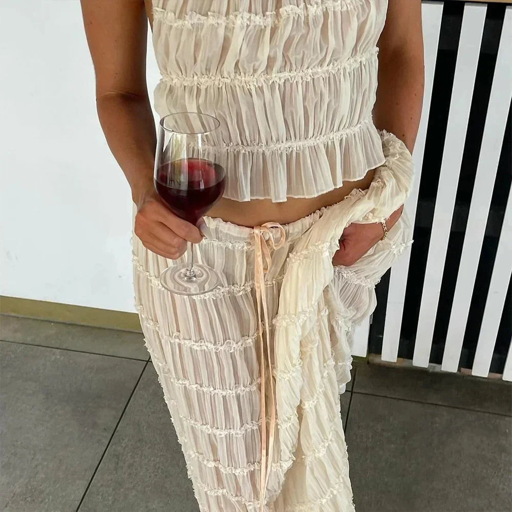 Beach Dresses Women 2024 Skirt Set Sleeveless Backless Cropped Halter Tops Drawstring Long Skirts Elegant Fashion 2 Piece Sets