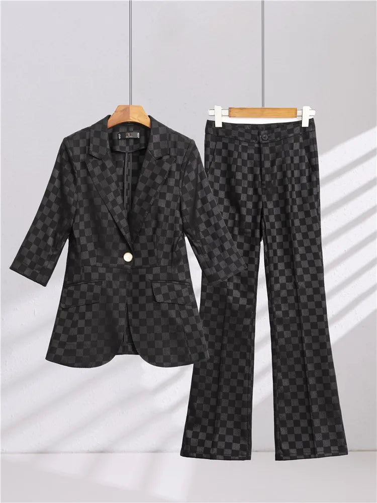 Summer Pants Sets For Women 2 Piece Set Half Sleeve Blazer &Trousers Suit Gray White Hight Quality Chic Elegant Business Outfit