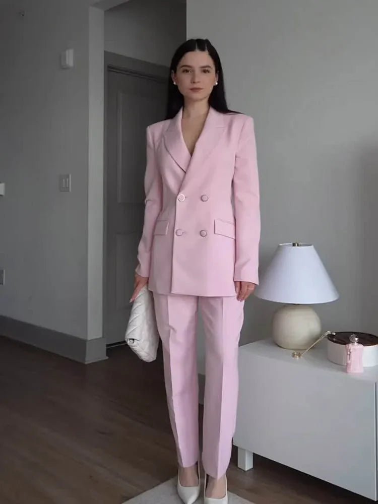 HH Women New Fashion Blazer Suit Lapel Double-Breasted Pocket Casual Coat+Chic High Waist Loose Zipper Slim Long Pants Suit