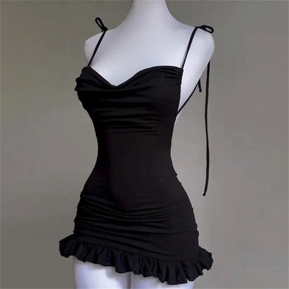 2024 European and American New High end Y2K Sexy Open Back Lace up Slim Fit Spicy Girl Short Skirt Summer Party Club Mini Dress