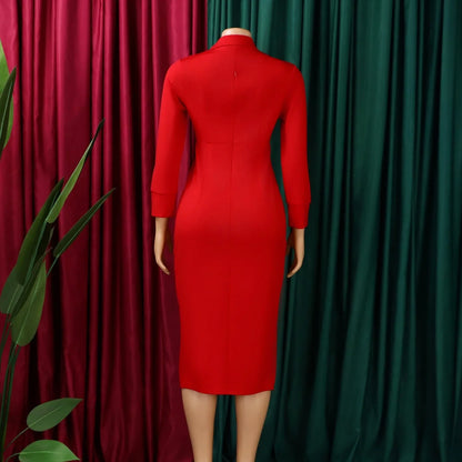 Elegant Bodycon Dresses for Women V Neck Full Sleeve Solid Sheath Package Hips Mid Calf Professional Business Work Dress Midi OL