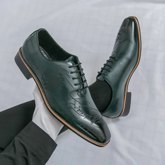 Men's Casual Leather Shoes Large Size New Style Pointed Toe Fashion Trend Carving Glossy Surface Leather Shoes Rubber Sole