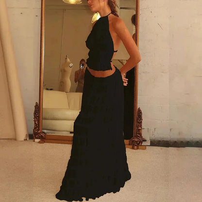 Beach Dresses Women 2024 Skirt Set Sleeveless Backless Cropped Halter Tops Drawstring Long Skirts Elegant Fashion 2 Piece Sets