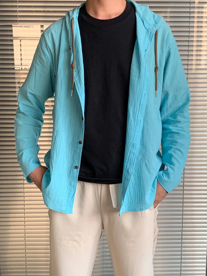 Summer Men's Linen Shirt Solid Streetwear Long Sleeve Hoodie Cardigan Clothing For Men Button Tops Casual Loose Men Hooded Shirt